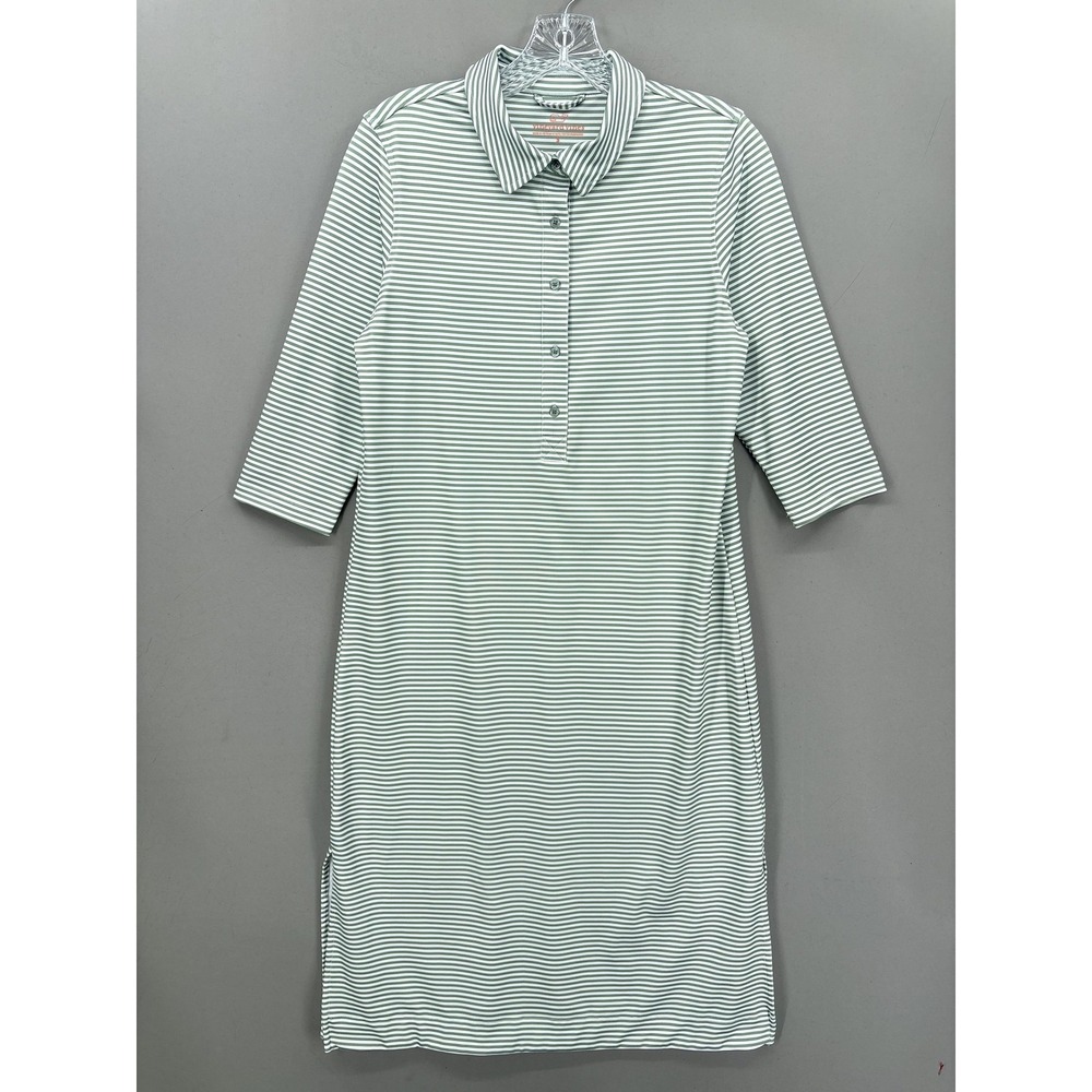 Vineyard Vines Dress Small Green Striped Collared 3/4 Sleeve Knee Length Jersey